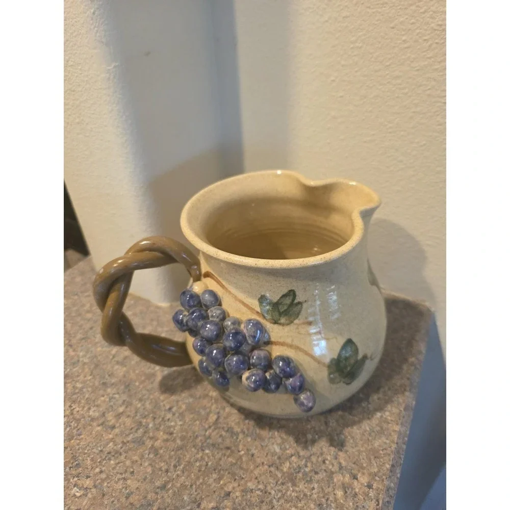 VTG Studio Pottery Pitcher Raised Grapes Twisted Handle Signed 6